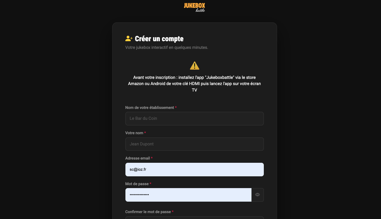 Page d'inscription JukeboxBattle